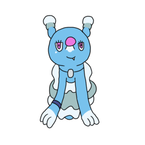 A digital drawing of a Brionne, a blue sea lion from the Pokémon series. She has a blue band around her right flipper and a grey stone on a chain hanging around her neck.