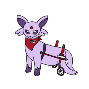 A digital drawing of an Espeon, a purple quadrupedal mammal from the Pokémon series. He has a red bandanna tied around his neck, with an illegible nametag pinned to it, featuring a triangular insignia. His hind legs and tail are limp, and he is wearing a harness, attached to some poles that extend down to two wheels, on either side of his body.