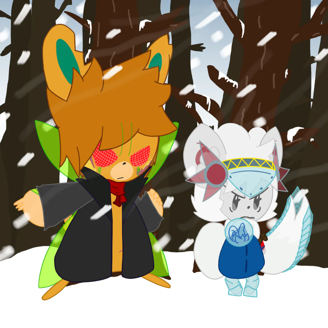 An illustration of Eri and Hopper in the forest. Eri bears a metallic headband with a translucent blue visor, along with metal plating on her tail and metal greaves. A shield hangs on her right arm, bearing a crest depicting two ears. Hopper's brown armband is tied around her left arm, with blood dripping beneath it. Despite this, she stands strong with a fierce expression. Hopper, meanwhile, has large red eyes and antennae like those of a bug, with scales visible below his eyes and along the back of his arm. A pair of green, translucent wings have sprouted behind him. He strikes a heroic pose, with Eri's red scarf wrapped around his neck. Howling winds blow snow all around them, with some hanging from the trees in the background.